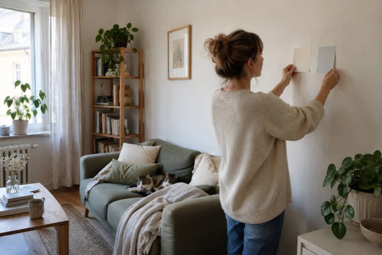 Une femme qui compare des couleurs pour la peinture d'un mur