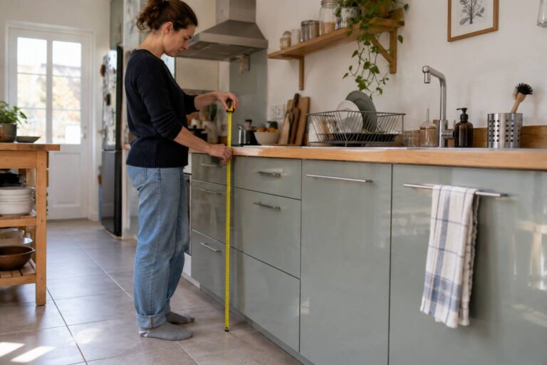 Une femme qui mesure la hauteur d'un plan de travail