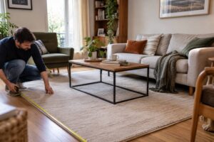 Une personne qui mesure la longueur d'un tapis