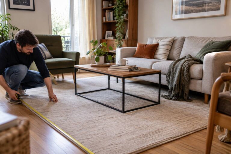 Une personne qui mesure la longueur d'un tapis